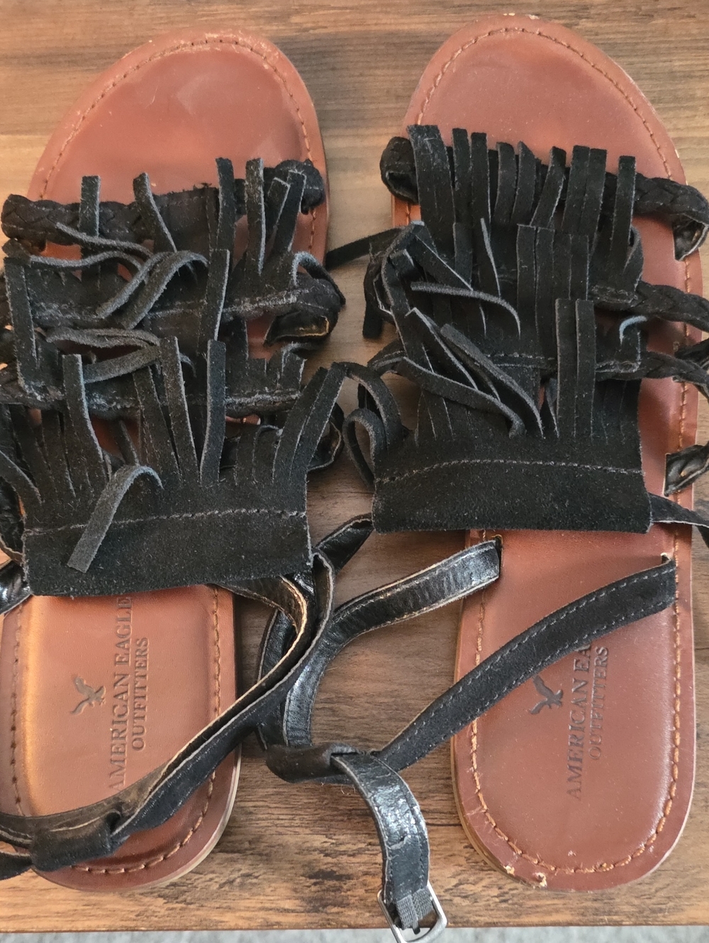 American Eagle Outfitters Black Suede Fringe Slide Sandals with Brown Footbed